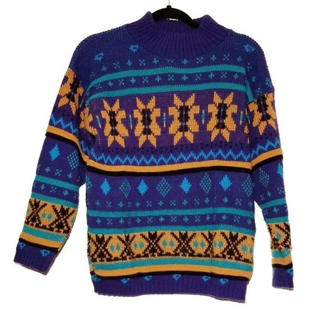 VTG Croquet Club Sz Small Knit Blue Yellow Mockneck Sweater 80s 90s Style